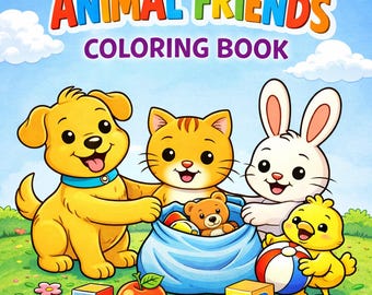 Può includere: Copertina di un libro da colorare per bambini intitolato "ANIMAL FRIENDS COLORING BOOK". L'immagine mostra un cane giallo, un gatto arancione, un coniglio bianco e un pulcino giallo con giocattoli e blocchi su uno sfondo erboso verde sotto un cielo blu.