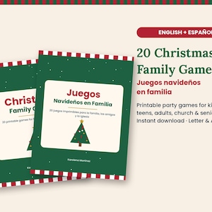 Może przedstawiać: Dwie zielone broszury z grami do druku z czerwono-białymi paskami na brzegach. Okładki zawierają biały prostokąt z napisem 20 Christmas Family Games, Juegos Navideños en Familia oraz grafikę ozdobionej choinki.