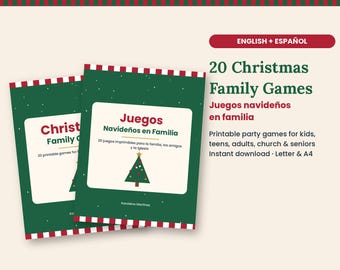 May include: Two green printable game booklets with red and white striped borders. The covers feature a white rectangle with the text 20 Christmas Family Games, Juegos Navideños en Familia, and a graphic of a decorated Christmas tree.