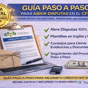 May include: A digital guide with the text "GU&Iacute;A PASO A PASO" and "DISPUTE FORM" on a clipboard, laptop, and money. The guide offers free dispute assistance, templates in English and Spanish, and step-by-step process tracking.