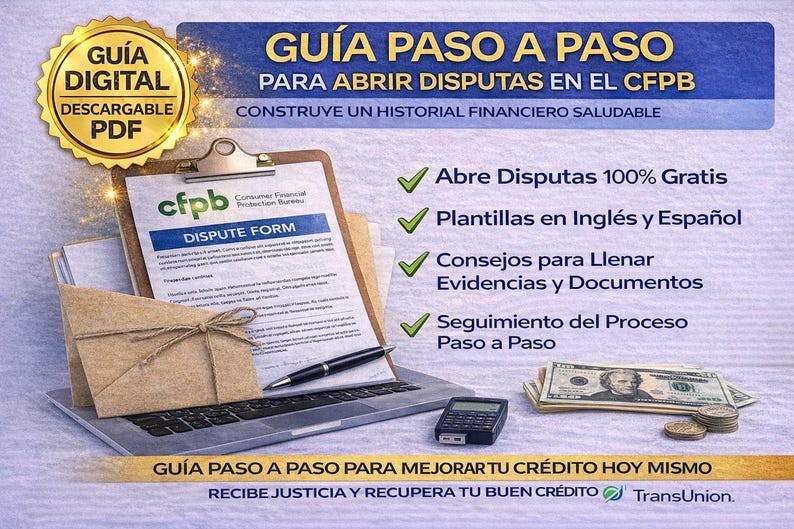 May include: A digital guide with the text "GU&Iacute;A PASO A PASO" and "DISPUTE FORM" on a clipboard, laptop, and money. The guide offers free dispute assistance, templates in English and Spanish, and step-by-step process tracking.
