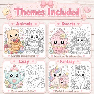 May include: A digital coloring page set titled Themes Included, featuring four sections: Animals with a bear and cat, Sweets with a cupcake and castle, Cozy with a teapot and moon, and Fantasy with a unicorn and llama, all in a pastel pink palette.