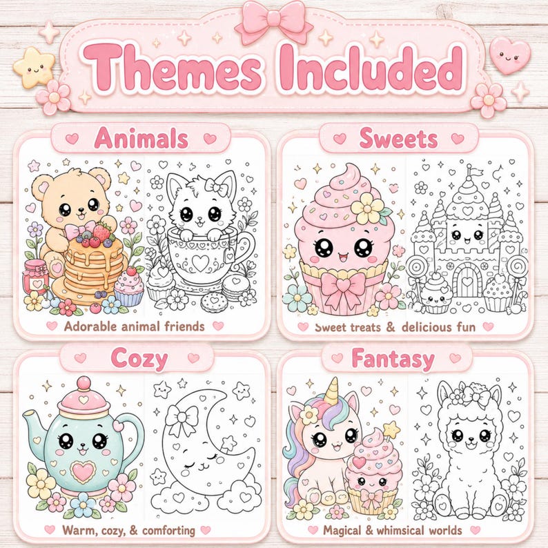 May include: A digital coloring page set titled Themes Included, featuring four sections: Animals with a bear and cat, Sweets with a cupcake and castle, Cozy with a teapot and moon, and Fantasy with a unicorn and llama, all in a pastel pink palette.