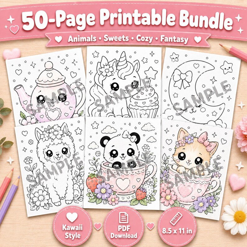 May include: A 50-page printable coloring bundle featuring kawaii-style line art of animals, sweets, and fantasy themes. The pages include illustrations of a teapot, unicorn, moon, llama, panda, and kitten. Text reads 50-Page Printable Bundle.