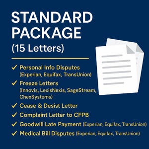 May include: A dark blue graphic with the words "STANDARD PACKAGE" and "(15 Letters)" in white. The image lists services including Personal Info Disputes, Freeze Letters, Cease & Desist Letter, Complaint Letter to CFPB, Goodwill Late Payment, and Medical Bill Disputes.