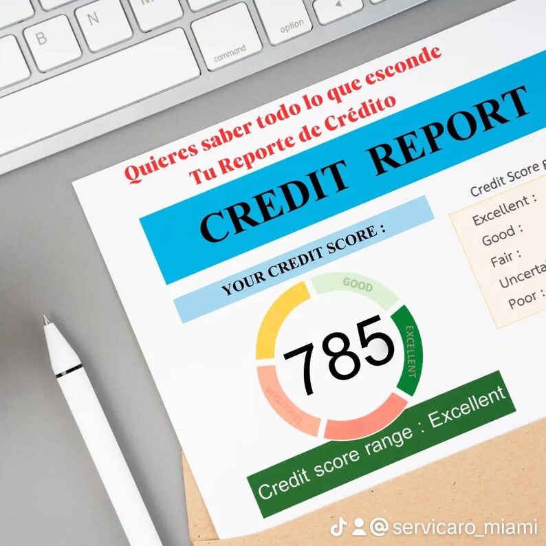 Może przedstawiać: Raport kredytowy z tytułem "CREDIT REPORT" i tekstem "YOUR CREDIT SCORE". Wynik kredytowy wynosi 785, z zakresem wyniku kredytowego "Excellent". Białe pi&oacute;ro i klawiatura znajdują się w tle.