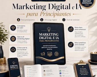 Può includere: Una guida al marketing digitale e all'IA per principianti in formato PDF. Il set comprende un tablet e uno smartphone con il titolo Marketing Digital e IA para Principiantes, oltre a un libro aperto e una cartellina con una penna.