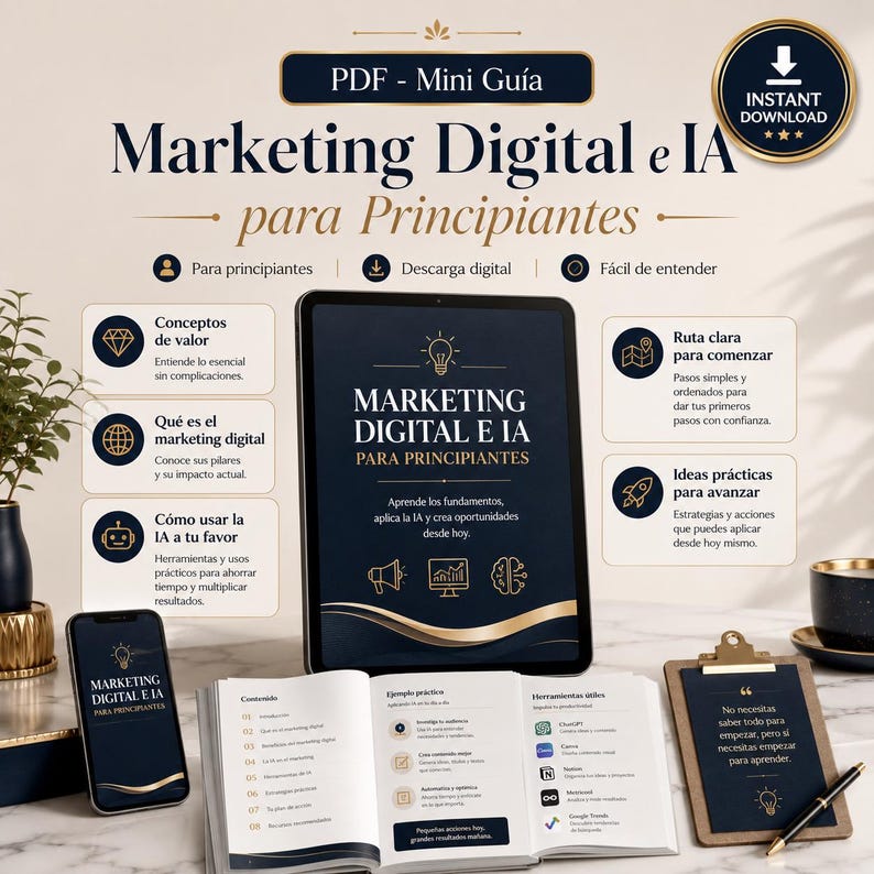 May include: A digital marketing and AI guide for beginners presented as a PDF. The display features a tablet and smartphone showing the title Marketing Digital e IA para Principiantes, alongside an open book and a clipboard with a pen.