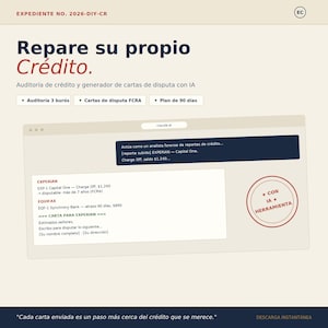 May include: A digital document titled Repare su propio Cr&eacute;dito featuring an AI credit audit and dispute letter generator. It includes text about Experian and Equifax reports, a 90-day plan, and a red circular stamp labeled CON IA HERRAMIENTA.