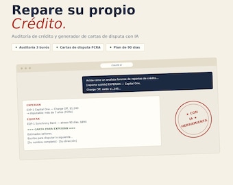 Può includere: Un documento digitale intitolato Repare su propio Crédito che presenta un audit del credito tramite IA e un generatore di lettere di contestazione. Include rapporti Experian ed Equifax, un piano di 90 giorni e un timbro rosso CON IA HERRAMIENTA.