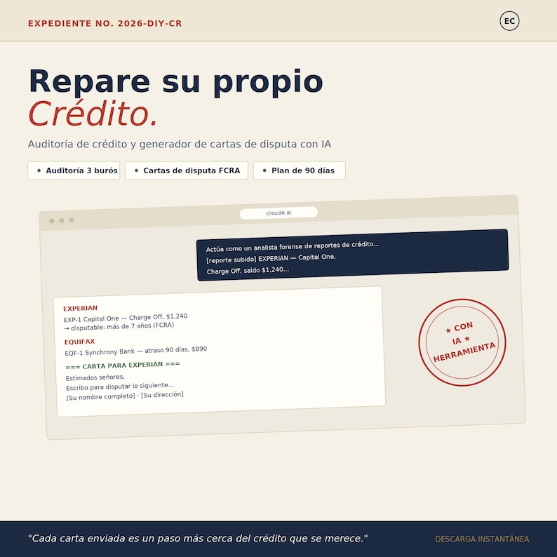 May include: A digital document titled Repare su propio Cr&eacute;dito featuring an AI credit audit and dispute letter generator. It includes text about Experian and Equifax reports, a 90-day plan, and a red circular stamp labeled CON IA HERRAMIENTA.