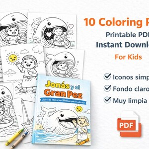 K&ouml;nnte beinhalten: Zehn Schwarz-Wei&szlig;-Malvorlagen f&uuml;r Kinder, die einen Wal und einen Jungen darstellen. Der Text lautet "10 Coloring Pages, Printable PDF, Instant Download, For Kids". Ein Buch mit dem Titel "Jon&aacute;s y el Gran Pez" ist ebenfalls sichtbar.