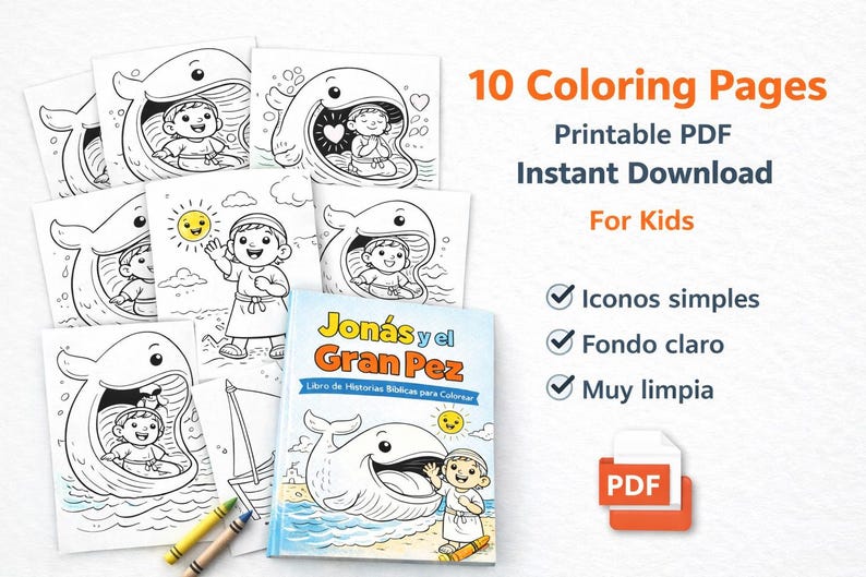 K&ouml;nnte beinhalten: Zehn Schwarz-Wei&szlig;-Malvorlagen f&uuml;r Kinder, die einen Wal und einen Jungen darstellen. Der Text lautet "10 Coloring Pages, Printable PDF, Instant Download, For Kids". Ein Buch mit dem Titel "Jon&aacute;s y el Gran Pez" ist ebenfalls sichtbar.