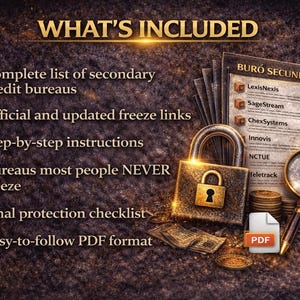 May include: Image with the text "WHAT'S INCLUDED" and a list of items. Includes a padlock, magnifying glass, and documents. The text includes "Complete list of secondary credit bureaus" and "Easy-to-follow PDF format."