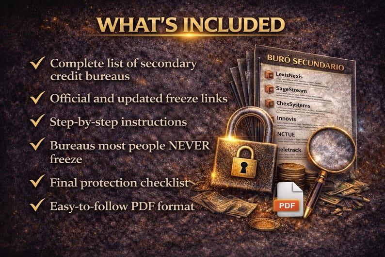 May include: Image with the text "WHAT'S INCLUDED" and a list of items. Includes a padlock, magnifying glass, and documents. The text includes "Complete list of secondary credit bureaus" and "Easy-to-follow PDF format."