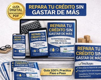 Può includere: Annuncio pubblicitario per una guida digitale intitolata "REPARA TU CRÉDITO SIN GASTAR DE MÁS" (Ripara il tuo credito senza spendere di più). L'immagine presenta un laptop, un tablet, uno smartphone e materiali stampati, tutti che mostrano il titolo e il contenuto della guida.