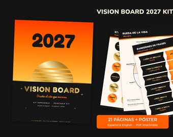 Può includere: Un kit Vision Board 2027 con una copertina sfumata arancione, un grafico solare dorato e il testo Vision Board. Il kit include 21 pagine e un poster in inglese e spagnolo, con fogli interni che mostrano Rueda de la Vida e Banderines de Frases.