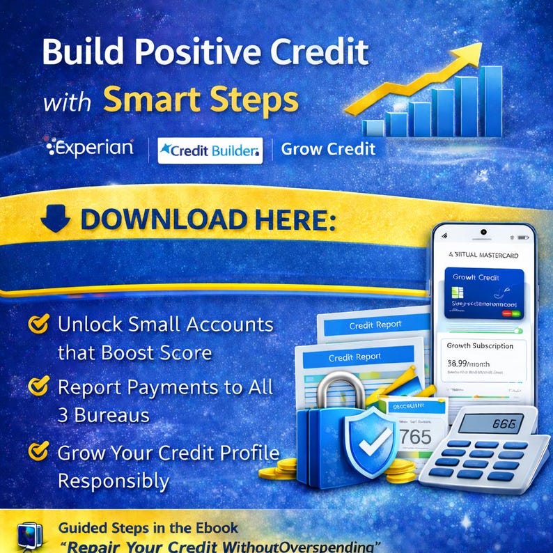 May include: A promotional graphic with a blue and yellow background. Text reads "Build Positive Credit with Smart Steps." The image includes a smartphone, credit reports, a calculator, and a lock with a shield. Text: "Download Here."