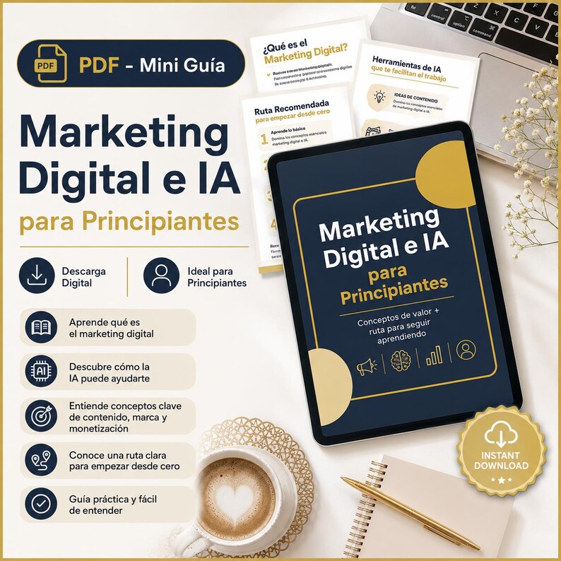May include: A digital PDF mini guide titled Marketing Digital e IA para Principiantes displayed on a tablet screen, accompanied by printed informational cards, a cup of coffee with latte art, and a notebook with a pen on a desk surface.