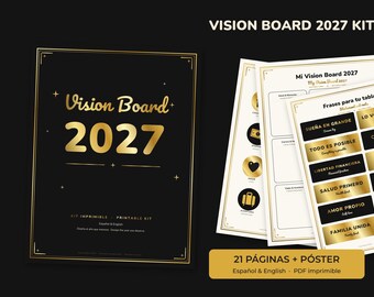 Può includere: Un kit stampabile Vision Board 2027 con copertina nera, testo dorato e dettagli decorativi. Il kit include diverse pagine con elementi grafici in oro e nero, tra cui frasi, icone e sezioni di pianificazione strutturate in inglese e spagnolo.