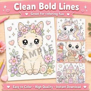 May include: A digital coloring page set featuring a central illustration of a seated llama adorned with a flower crown, surrounded by hearts and leaves. Three smaller rectangular panels display a unicorn, a bear with fruit, and a castle.