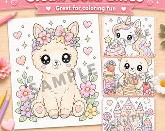 Può includere: Un set di pagine da colorare digitali con un'illustrazione centrale di un lama seduto adornato con una corona di fiori, circondato da cuori e foglie. Tre pannelli rettangolari più piccoli mostrano un unicorno, un orso con frutta e un castello.