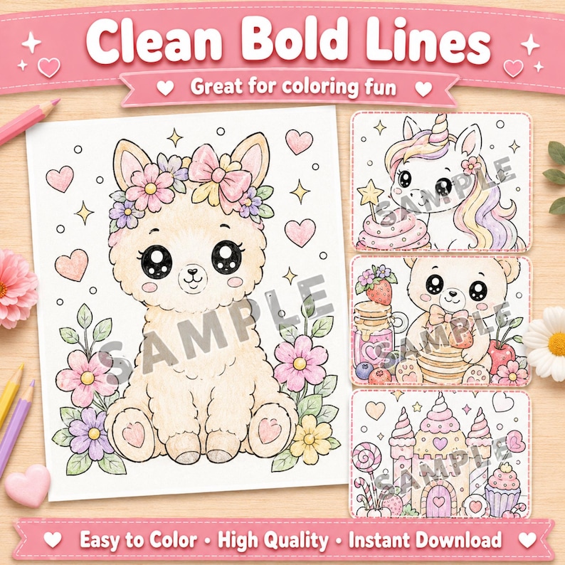 May include: A digital coloring page set featuring a central illustration of a seated llama adorned with a flower crown, surrounded by hearts and leaves. Three smaller rectangular panels display a unicorn, a bear with fruit, and a castle.