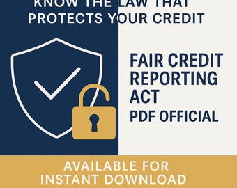 Può includere: Grafica con testo e icone. Il testo recita "CONOSCI LA LEGGE CHE PROTEGGE IL TUO CREDITO" e "FAIR CREDIT REPORTING ACT PDF OFFICIAL". Sono presenti anche un'icona a scudo con un segno di spunta e un lucchetto. Il banner in basso dice "DISPONIBILE PER IL DOWNLOAD IMMEDIATO".