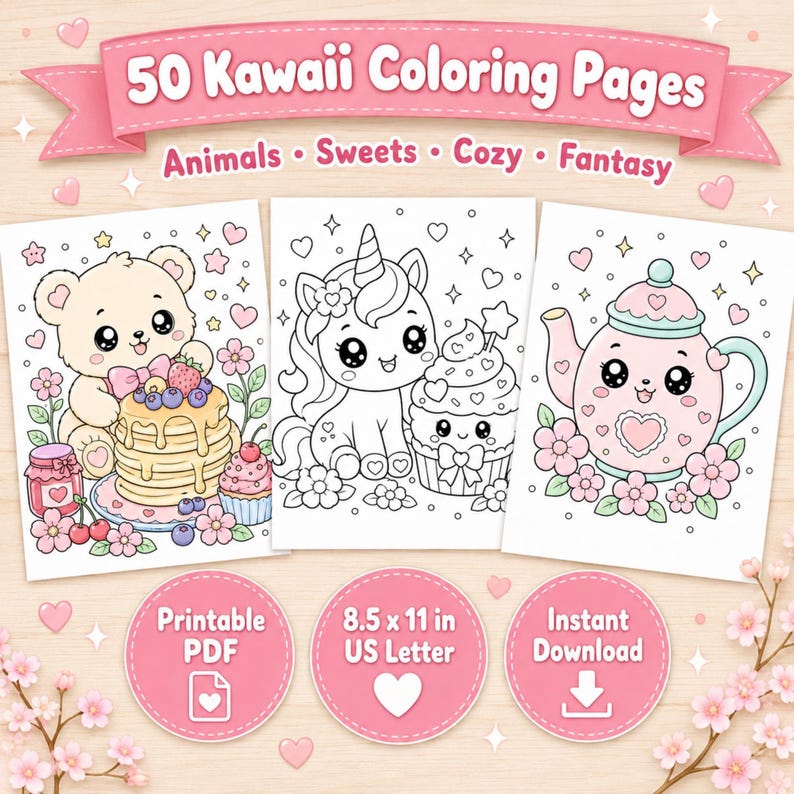 May include: A digital collection of 50 Kawaii Coloring Pages featuring animals, sweets, cozy, and fantasy themes. The set includes printable PDF files in 8.5 x 11 inch US Letter size for instant download, showcasing illustrations of a bear, unicorn, and teapot.