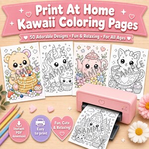 May include: A digital download set of Print At Home Kawaii Coloring Pages featuring 50 designs. The collection includes black and white illustrations of a bear with pancakes, a unicorn, a teapot, a cat in a teacup, and a castle being printed.