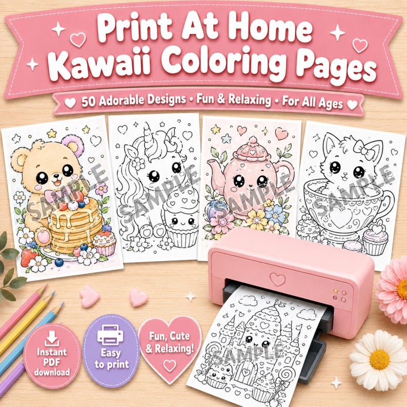 May include: A digital download set of Print At Home Kawaii Coloring Pages featuring 50 designs. The collection includes black and white illustrations of a bear with pancakes, a unicorn, a teapot, a cat in a teacup, and a castle being printed.