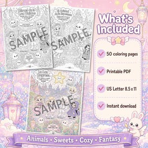 May include: A digital coloring book set featuring three pages with black and white line art of cartoon characters and fantasy scenes. The text includes "H&eacute;roes de la Luz Unidos," "El Cristal de la Esperanza," and "La Luz Regresa." Includes 50 pages, 8.5 x 11 inches.