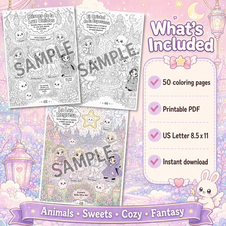 May include: A digital coloring book set featuring three pages with black and white line art of cartoon characters and fantasy scenes. The text includes "H&eacute;roes de la Luz Unidos," "El Cristal de la Esperanza," and "La Luz Regresa." Includes 50 pages, 8.5 x 11 inches.
