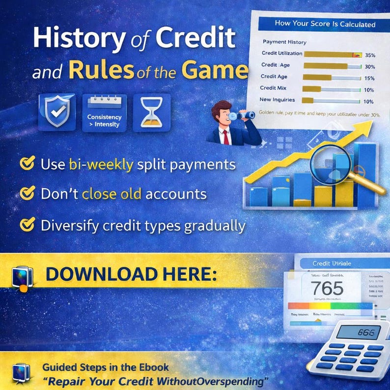May include: Informational graphic with the title "History of Credit and Rules of the Game." It includes tips like using bi-weekly payments and diversifying credit types. A chart shows how credit scores are calculated, and a calculator is also shown.