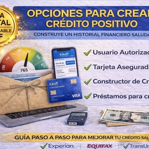 May include: An image promoting credit improvement options. It features a laptop, a credit score gauge, a smartphone displaying a financial app, a credit card, cash, and text in Spanish. The image includes the text "Digital Guide Downloadable PDF."