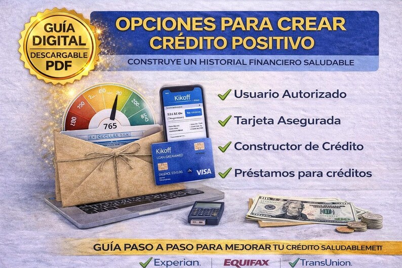 May include: An image promoting credit improvement options. It features a laptop, a credit score gauge, a smartphone displaying a financial app, a credit card, cash, and text in Spanish. The image includes the text "Digital Guide Downloadable PDF."