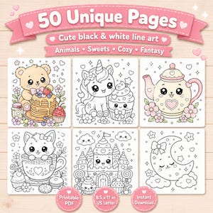 May include: A digital coloring book set featuring 50 unique pages of black and white line art with themes of animals, sweets, cozy scenes, and fantasy. The collection includes illustrations of a bear with pancakes, a unicorn, a teapot, a cat in a teacup, a castle, and a crescent moon. The text reads 50 Unique Pages, Cute black & white line art, Animals, Sweets, Cozy, Fantasy, Printable PDF, 8.5 x 11 in US Letter, and Instant Download.
