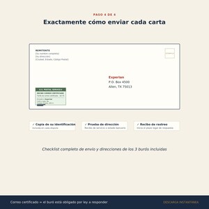 May include: A white envelope template with sender fields, a stamp box, and a U.S. Postal Service certified mail label addressed to Experian in Allen, TX. Below are three boxes labeled for identification, proof of address, and tracking receipt.