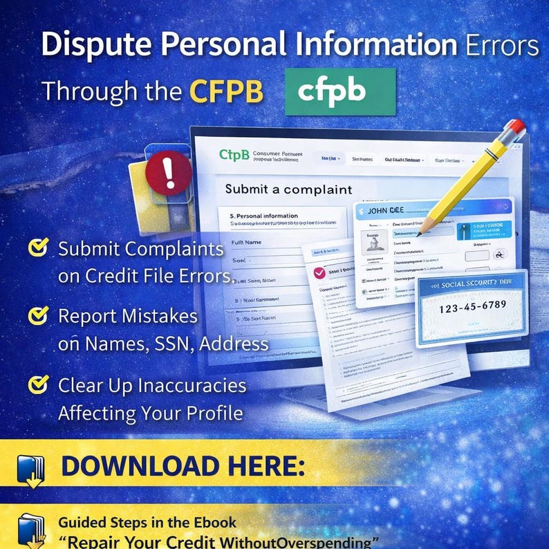 May include: Image promoting the CFPB's services to dispute personal information errors. The image includes a computer screen with a complaint form, a pencil, and text highlighting key services: Submit Complaints, Report Mistakes, and Clear Up Inaccuracies. The text "DOWNLOAD HERE" is also visible.