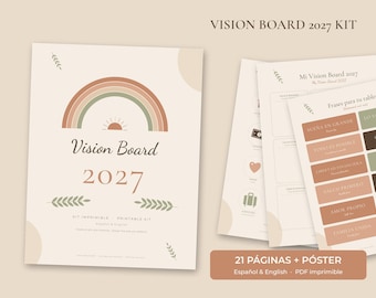Può includere: Un kit stampabile Vision Board 2027 con copertina beige, grafica di un arcobaleno, il testo Vision Board 2027 e motivi a foglie. Le pagine includono frasi in spagnolo e inglese, modelli per obiettivi e varie icone.