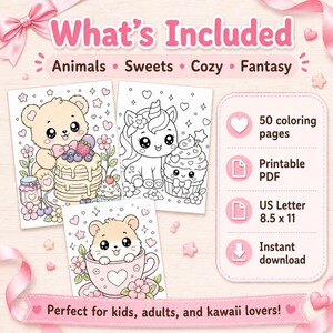 May include: A digital coloring book set featuring 50 printable PDF pages in 8.5 x 11 inch US Letter size. The graphics include a bear with pancakes, a unicorn with a cupcake, and a hamster in a teacup, labeled Animals, Sweets, Cozy, and Fantasy.