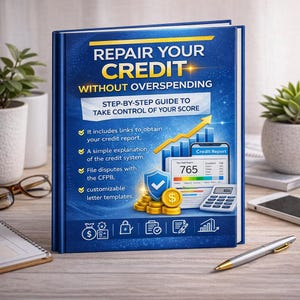 May include: A hardcover book titled "REPAIR YOUR CREDIT WITHOUT OVERSPENDING" with a blue cover. The cover features text, graphics of a credit report, a calculator, and gold coins. The book promises a step-by-step guide to take control of your score.