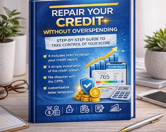 Può includere: Un libro con copertina rigida blu intitolato "REPAIR YOUR CREDIT WITHOUT OVERSPENDING". La copertina presenta testo, grafici di un rapporto di credito, una calcolatrice e monete d'oro. Una guida passo passo per controllare il tuo punteggio.