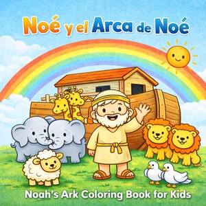 May include: A children's book cover with the title "Noé y el Arca de Noé" above a rainbow and a smiling sun. The image features Noah, the ark, and cartoon animals like elephants, giraffes, lions, sheep, and doves. The text "Noah's Ark Coloring Book for Kids" is at the bottom.