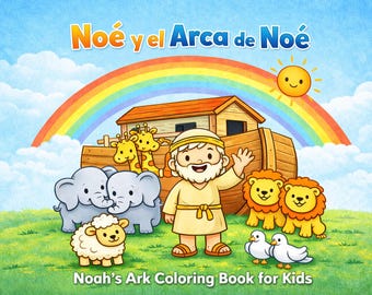 Può includere: Copertina di un libro per bambini con il titolo "Noé y el Arca de Noé" sopra un arcobaleno e un sole sorridente. L'immagine presenta Noè, l'arca e animali dei cartoni animati come elefanti, giraffe, leoni, pecore e colombe. Il testo "Noah's Ark Coloring Book for Kids" è in basso.