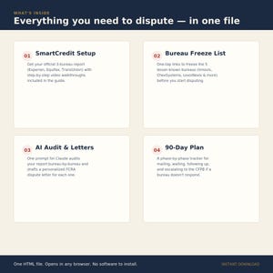 May include: A digital information guide titled Everything you need to dispute &mdash; in one file. It features four sections: 01 SmartCredit Setup, 02 Bureau Freeze List, 03 AI Audit & Letters, and 04 90-Day Plan, detailing steps for credit report disputes.