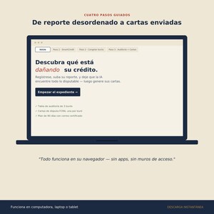 May include: A digital interface on a laptop screen displaying a credit repair guide titled CUATRO PASOS GUIADOS. The screen shows text in Spanish, including Descubra qu&eacute; est&aacute; da&ntilde;ando su cr&eacute;dito and a button labeled Empezar el expediente.