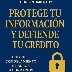 Puede incluir: Gráfico azul marino con texto dorado e icono de candado dorado. El texto dice: "PROTEGE TU INFORMACIÓN Y DEFIENDE TU CRÉDITO." Texto adicional: guía para congelar burós secundarios y un número de teléfono.