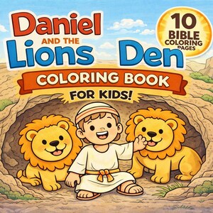 May include: A children's coloring book titled "Daniel and the Lions' Den." The cover features a cartoon illustration of Daniel with two friendly lions in a den. The book has 10 Bible coloring pages and is designed for kids.