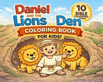 Può includere: Un libro da colorare per bambini intitolato "Daniele e la fossa dei leoni". La copertina presenta un'illustrazione a cartoni animati di Daniele con due leoni amichevoli in una grotta. Il libro ha 10 pagine da colorare della Bibbia.